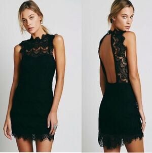 FREE PEOPLE Intimately Daydream Black Lace High Neck Open Back Mini Dress Small